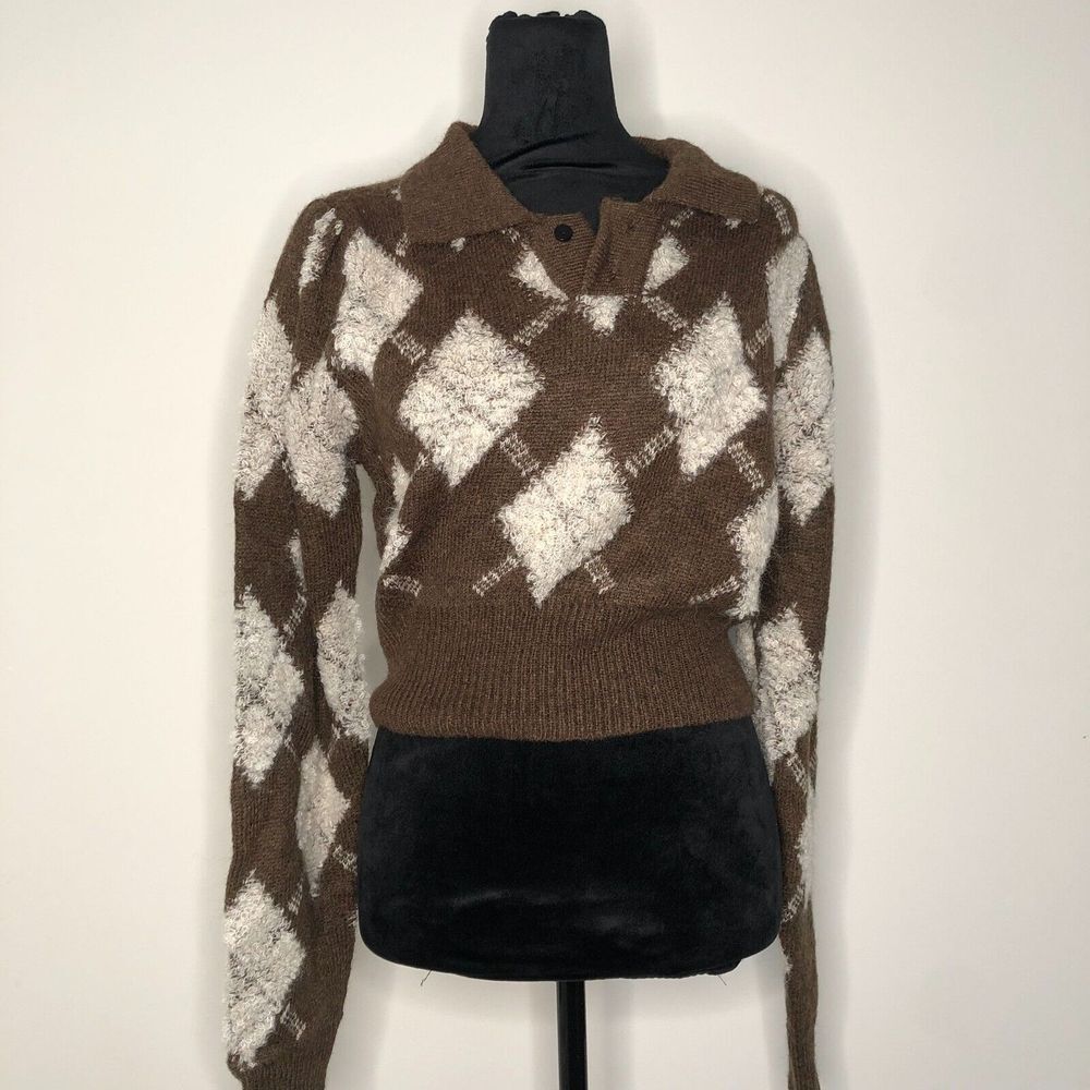 Cider Brown Argyle Fuzzy Knit Cropped Polo Sweater Long Sleeve Preppy Top